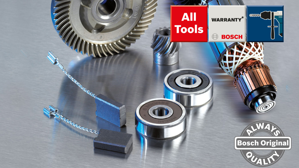Bosch Professional tools: gears, bearings, and brushes on a metallic surface.