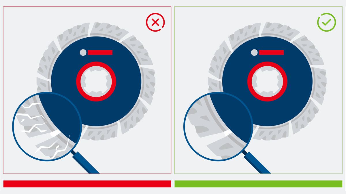 Magnifying glass inspects cutting discs to compare worn and intact blade edges.