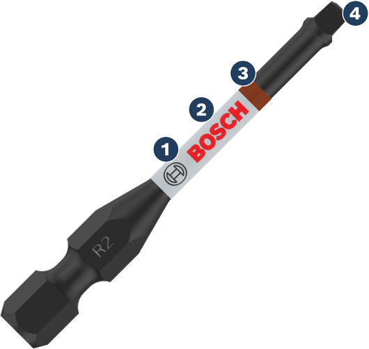 Bosch R2 screwdriver bit with labeled durability feature.
