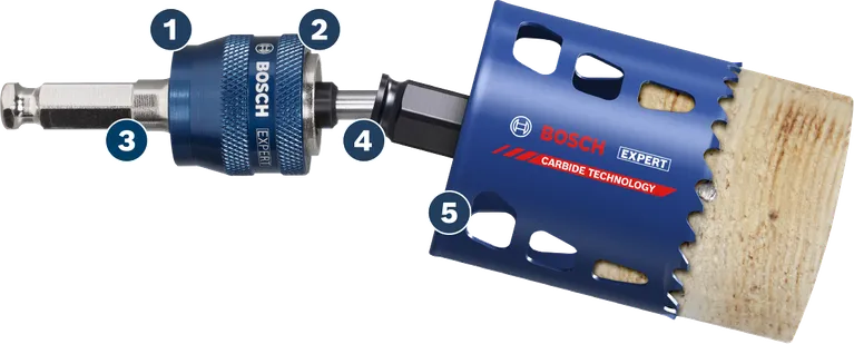 High Speed changing hole saws and drill bits Bosch Expert carbide holesaw cuts wood efficiently.