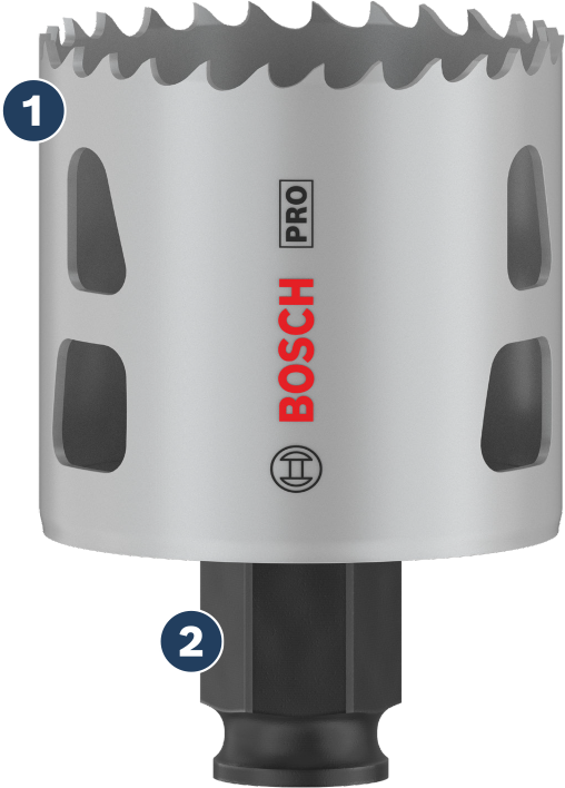Bosch hole saw with carbide teeth for fast cutting.