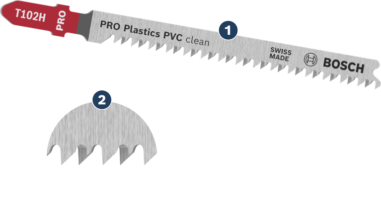 Bosch T102H jigsaw blade for clean PVC plastic cuts.