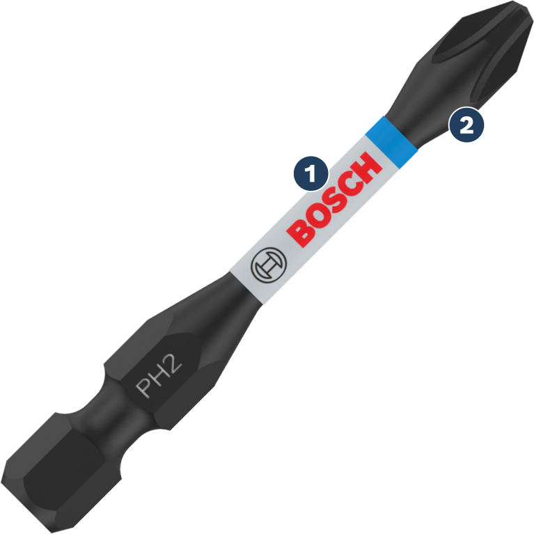 Bosch PH2 screwdriver bit with reinforced torsion zone.