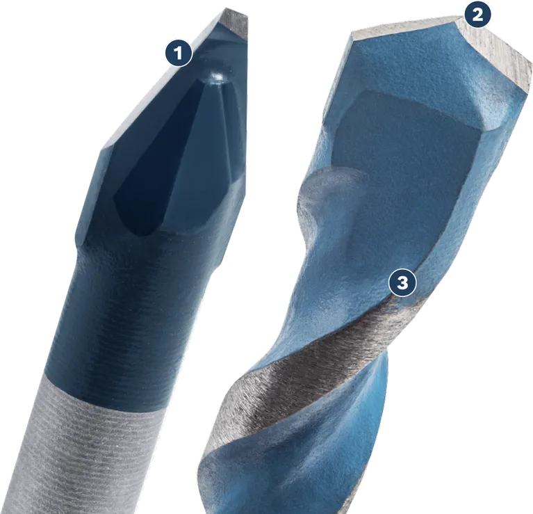 Long Life in hard ceramic and Precision in construction materials Bosch Professional MultiConstruction drill bit close-up.