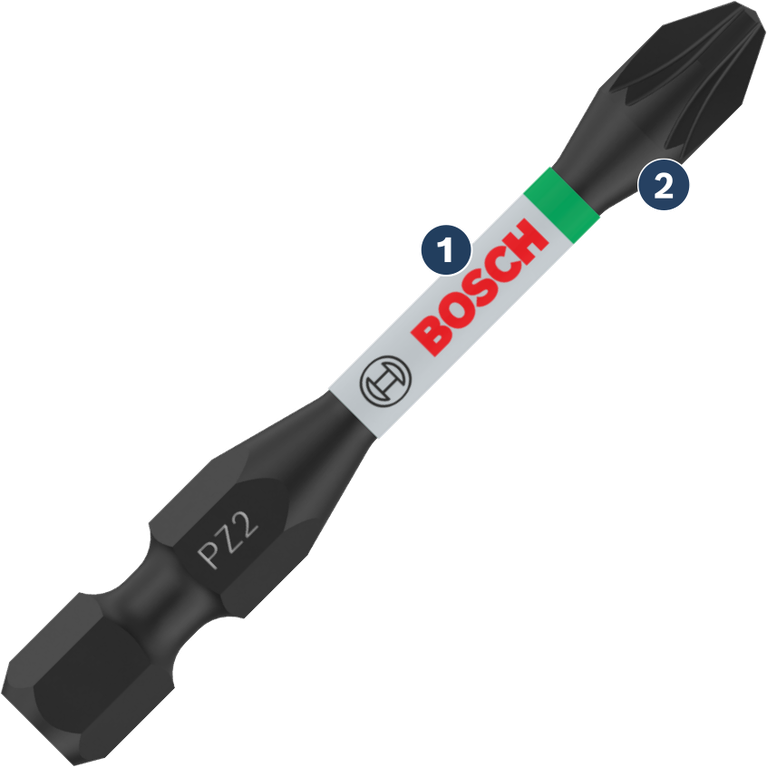 Bosch PZ2 screwdriver bit with color-coded ring.