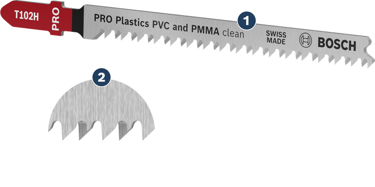 Bosch T102H jigsaw blade for clean PVC and PMMA cuts.
