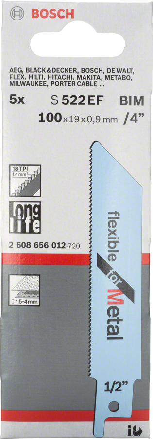 Bosch S 522 EF flexible metal reciprocating saw blade pack.