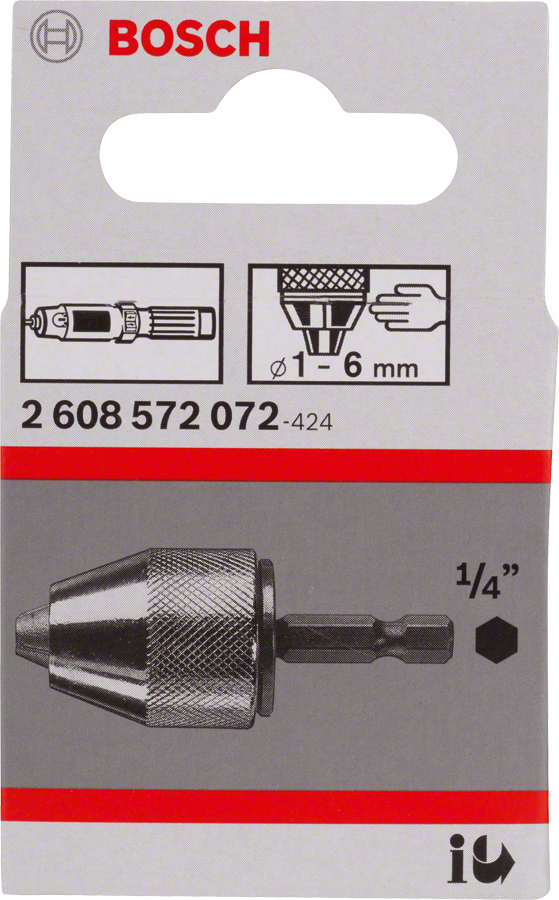 Bosch keyless chuck 1.0–6.0 mm for 1/4 inch hex shank.