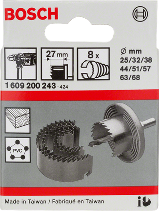 8-piece hole cutter set 25 - 68 mm Bosch 8-piece hole cutter set 25–68 mm.