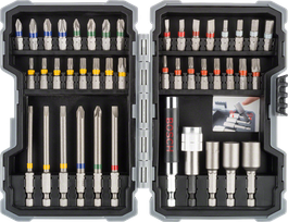 Bosch 43-piece impact screwdriver bit set with color-coded bits.