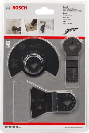 Bosch 3-piece basic tile set for multi-tool cutting.