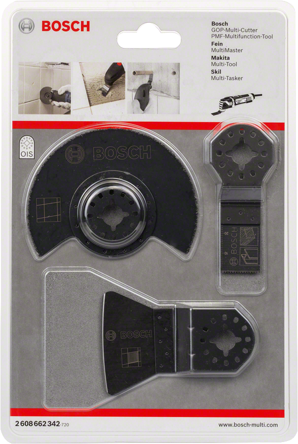 Bosch 3-piece basic tile set for multi-tool cutting.