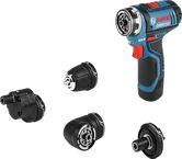 Bosch GSR 12V-15 FC cordless drill set with four attachments.