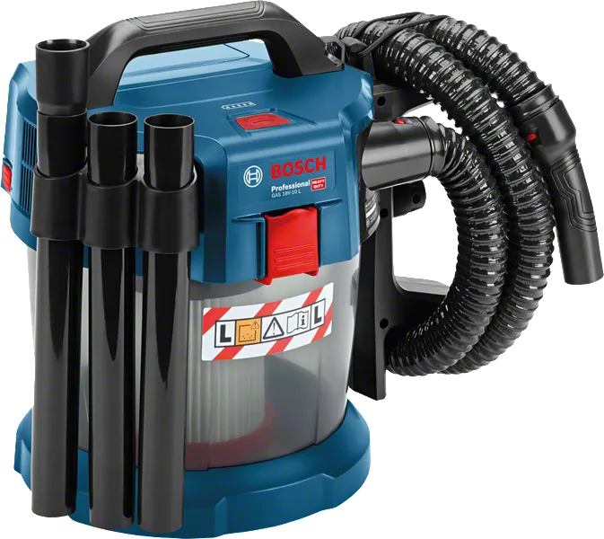 Bosch GAS 18V-10 L cordless dust extractor with hose.