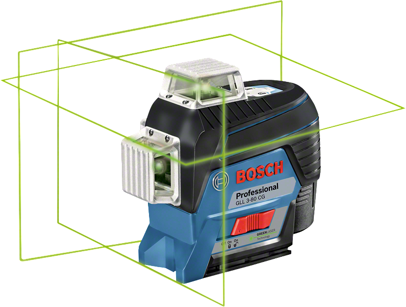 Bosch GLL 3-80 CG laser leveling tool with green lines.