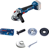 Bosch GWS 18V-10 cordless angle grinder with accessories.