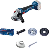 Bosch GWS 18V-10 cordless angle grinder with accessories.