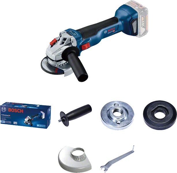 Bosch GWS 18V-10 cordless angle grinder with accessories.