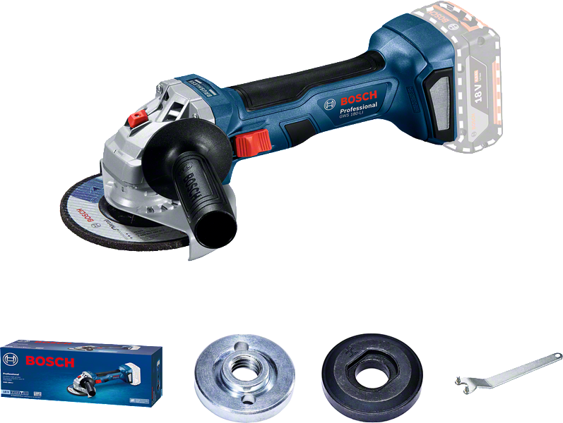 Bosch GWS 180-LI cordless angle grinder with accessories.