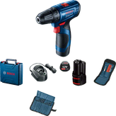 Bosch GSR 120-LI cordless drill set with accessories.