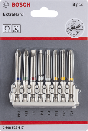Bosch Pick and Click Extra Hard screwdriver bit set 8-piece.