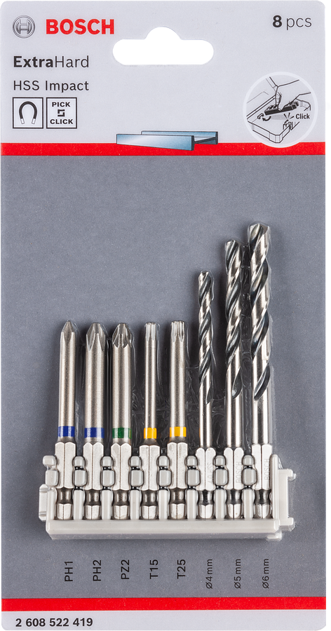Bosch 8-piece HSS drill and screwdriver bit set.