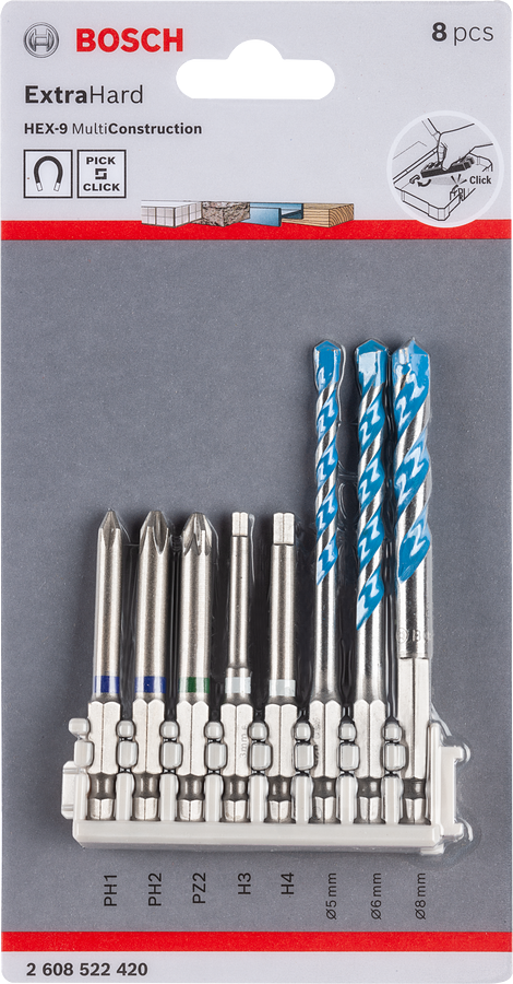 Bosch 8-piece Pick & Click screwdriver and drill bit set.