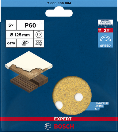 EXPERT C470 Sandpaper with 8 holes for Random Orbital Sanders 125 mm, G 60 5-pc Bosch C470 125 mm P60 sanding discs 5-pack.