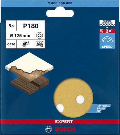 EXPERT C470 Sandpaper with 8 holes for Random Orbital Sanders 125 mm, G 180 5-pc Bosch Expert C470 125 mm P180 sandpaper 5-pack.