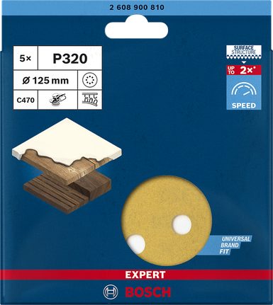 EXPERT C470 Sandpaper with 8 holes for Random Orbital Sanders 125 mm, G 320 5-pc Bosch C470 125 mm P320 sandpaper 5-pack.