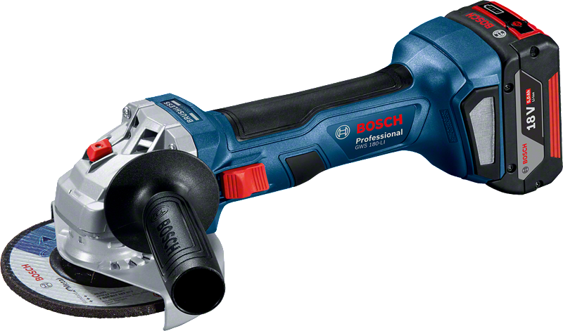GWS 180-LI Bosch GWS 180-LI cordless angle grinder with 18V 5.0Ah battery.