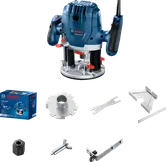 Bosch GOF 130 router with accessories for woodworking.