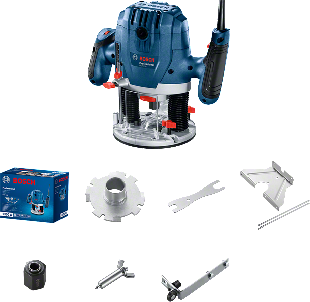 Bosch GOF 130 router with accessories for woodworking.