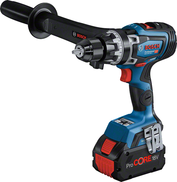 Bosch GSB 18V-150 C cordless combi drill with side handle.