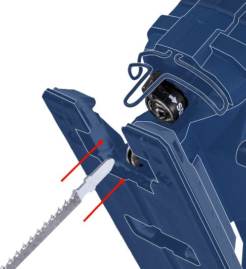 Jigsaw blade being inserted into a tool with outlined assembly guides.