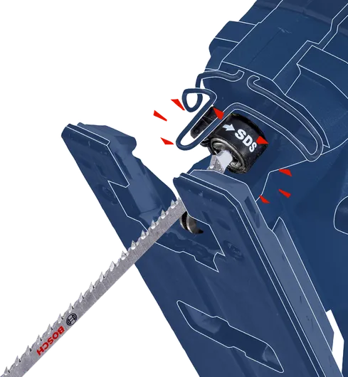 Saber saw blade being inserted into a quick-release mechanism.