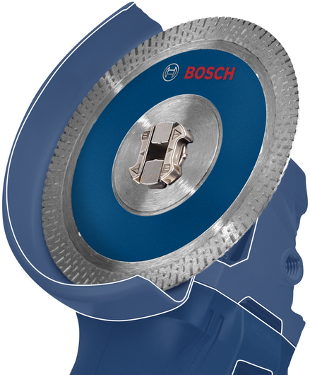 Close-up of a blue angle grinder with a circular saw blade attached.