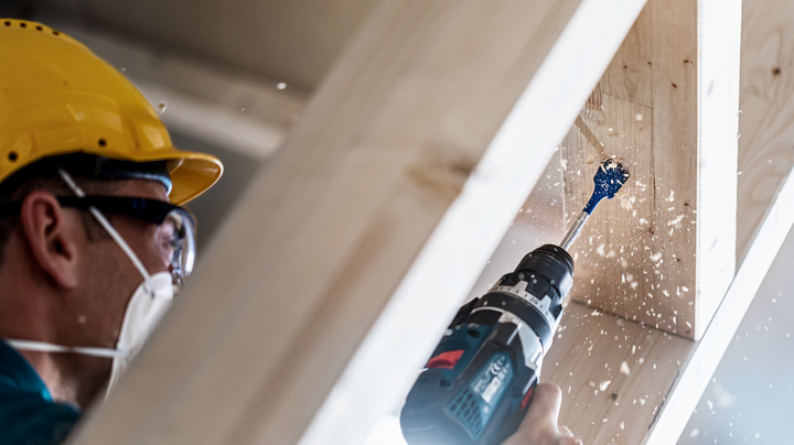 Worker wearing safety equipment drills a hole into a wooden beam.