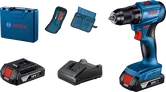Bosch GSR 185-LI cordless drill set with two 18V batteries.
