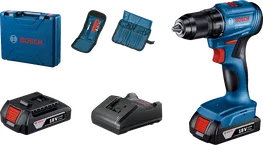 Bosch GSR 185-LI cordless drill set with two 18V batteries.