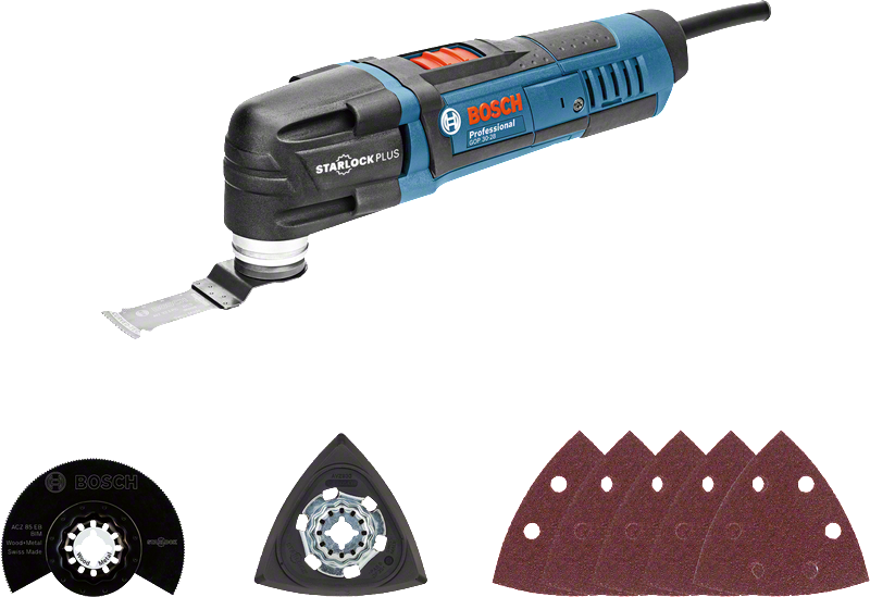 Bosch GOP 30-28 multi-tool with Starlock Plus accessories.
