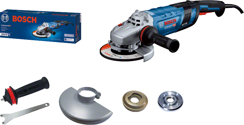 Bosch GWS 30 angle grinder with 2800W motor and accessories.