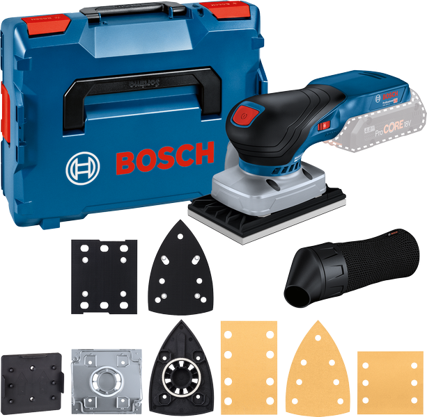 Bosch GSS 18V-13 cordless orbital sander kit.