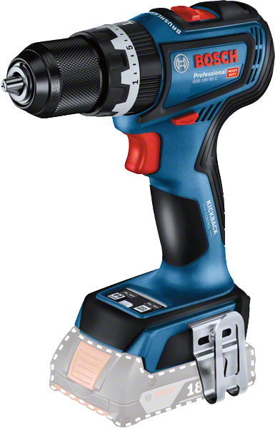 Bosch GSB 18V-90 C cordless drill with metal belt clip.