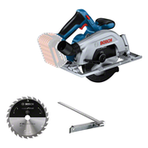 Bosch GKS 185-LI cordless circular saw with blade and guide.