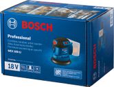 Cordless random orbit sander with dust bag displayed on a blue product box.