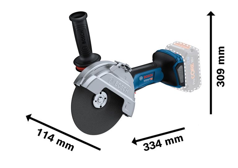Bosch GWS 18V-180 P cordless angle grinder with dimensions.