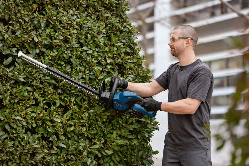 GHE 18V-60 Person wearing safety equipment trims a bush outdoors using a cordless hedge trimmer.