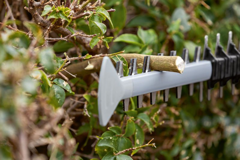 GHE 18V-60 Hedge trimmer blade cutting a thick branch in dense green foliage.