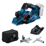 Bosch GHO 185-LI cordless planer with dust bag and accessories.